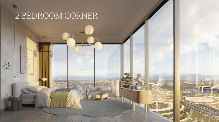 Appartement d'angle moderne de deux chambres avec de grandes fenêtres, une décoration minimaliste et une vue sur le paysage urbain de Dubaï. L'intérieur comprend un lit, un coin salon et des œuvres d'art sur les murs, inondés de lumière naturelle.