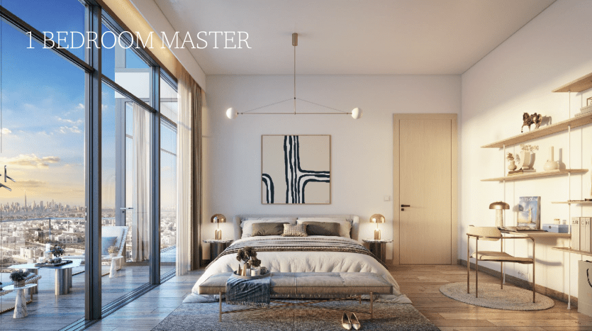 Chambre principale spacieuse et moderne dans une villa de Dubaï avec de grandes fenêtres offrant une vue sur le paysage urbain, une décoration minimaliste et un lit confortable flanqué de tables de nuit avec lampes.