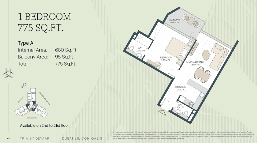 Plan d'étage d'un appartement 1 chambre (type a) comprenant un salon, une cuisine, une chambre, une salle de bain et un balcon à Dubaï, avec des détails en pieds carrés. Les symboles indiquent sa disponibilité à partir du