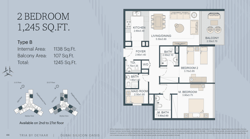 Un plan architectural d'un appartement de 1 245 pieds carrés à Dubaï. Il comprend deux chambres, trois salles de bains, une cuisine, un salon/salle à manger et un balcon. Les icônes indiquent que l'appartement est