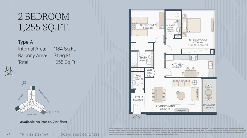Plan d'étage d'un appartement de 2 chambres à Dubaï d'une superficie totale de 1 255 pieds carrés, comprenant les dimensions et la disposition des pièces telles que les chambres, les salles de bains, la cuisine, le salon et