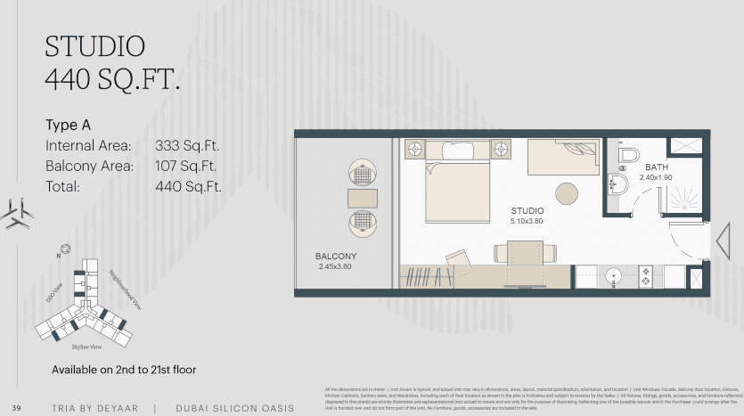 Plan d'étage architectural pour un appartement de type studio à Dubaï, détaillant la disposition des pièces, l'emplacement des meubles et le balcon, situé du 2e au 21e étage. Les notations incluent les dimensions pour