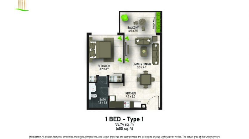 Un plan d'étage d'un appartement 1 chambre à Dubaï comprenant une cuisine, une salle de bains, un salon et un balcon aux dimensions marquées, aperçu meublé avec décor.