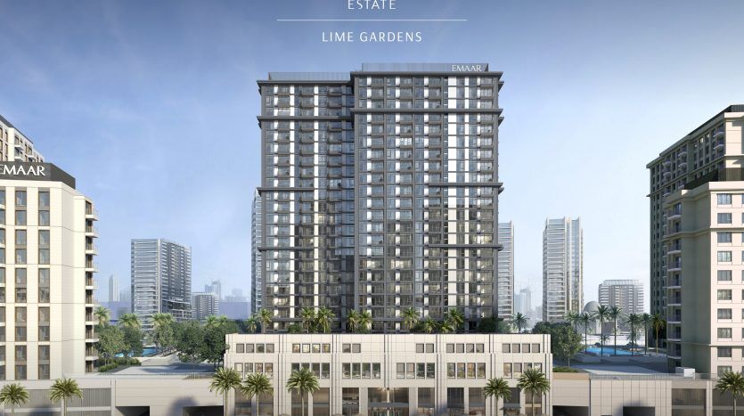 Un rendu architectural du Dubai Hills Estate présentant le projet Lime Gardens d'Emaar. L'image montre des immeubles résidentiels modernes de grande hauteur avec des palmiers et des espaces commerciaux au rez-de-chaussée, idéal pour l'immobilier Dubaï.