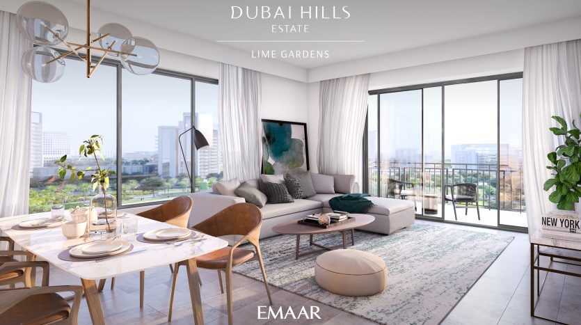 Salon et salle à manger modernes et spacieux dans une villa surplombant Dubaï, dotés de meubles contemporains, de grandes fenêtres et de plantes décoratives.
