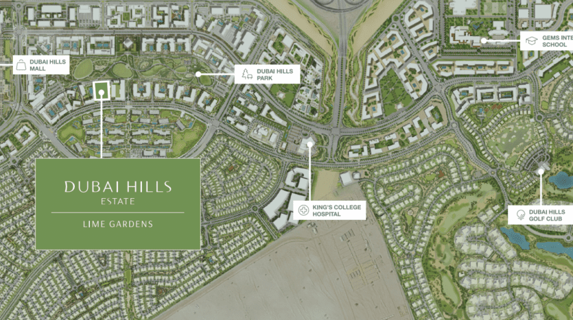 Une carte détaillée du domaine de Dubai Hills mettant en évidence des endroits tels que Lime Gardens, King's College Hospital, Dubai Hills Park et GEMS International School. La carte montre également les routes, les espaces verts, l'immobilier Dubaï