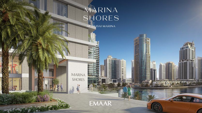 Rendu numérique des « rivages de la marina de Dubaï » par Emaar, présentant un front de mer moderne avec des immeubles de grande hauteur, des passants, des palmiers luxuriants et une voiture orange de luxe fourni par