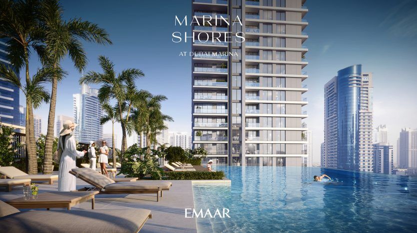 Une scène luxueuse au bord d'une piscine sur les rives de la marina de Dubaï, reflétant le dynamisme de l'immobilier de Dubaï, mettant en vedette une femme en hijab regardant le paysage urbain, des gens nageant et des éléments modernes.