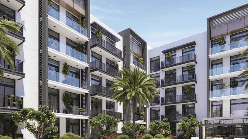 Un complexe résidentiel moderne de plusieurs étages avec balcons à Dubaï, entouré d'arbres luxuriants et d'une piscine, mettant en vedette une personne se relaxant sur un flotteur jaune.