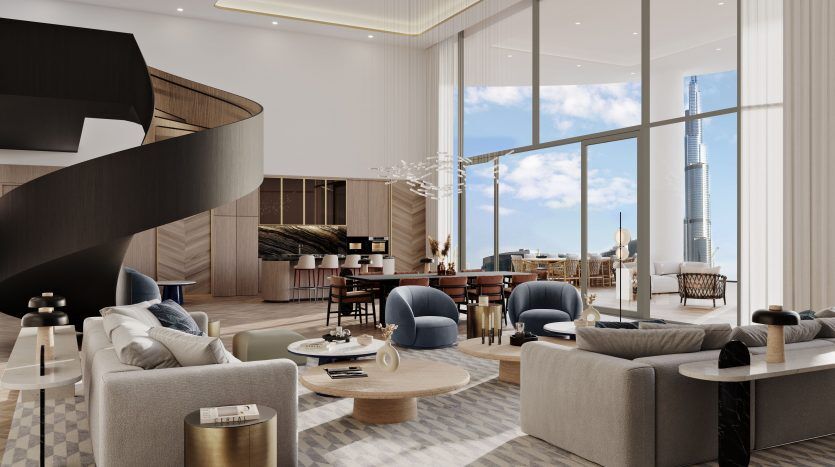 Une luxueuse villa moderne à Dubaï avec de hauts plafonds, un escalier en colimaçon élégant, un mobilier contemporain, de grandes fenêtres avec vue sur les toits de la ville et une décoration élégante aux tons neutres.