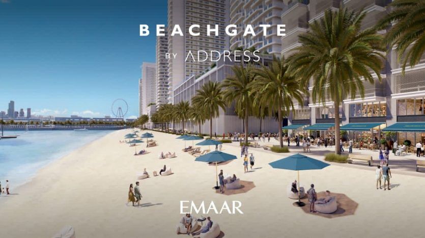 A digital rendering of a beach door by address, featuring a sandy beach with people lounging under umbrellas, palm trees, waterside stores and a cityscape including Dubai in the background.