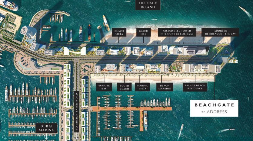 Aerial view of a coastal real estate development in Dubai with labeled amenities, including marinas, resorts and residential areas. Boats sail close to shore, and there's text above indicating specific buildings and