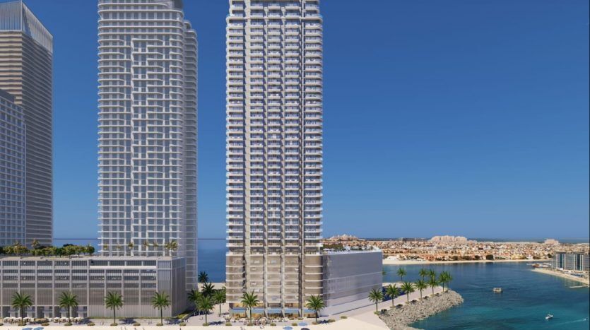 Digital rendering of modern high-rise buildings by the sea in Dubai with palm trees and people enjoying the sandy beach under a clear blue sky.