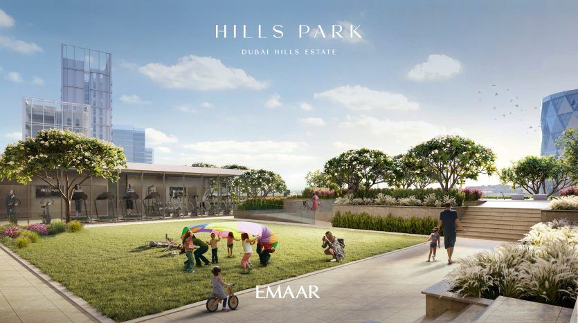 Illustration du parc des collines du Dubai Hills Estate, mettant en vedette des personnes pratiquant diverses activités de plein air par une journée ensoleillée dans un parc luxuriant avec un paysage urbain en arrière-plan, parfait pour ceux intéressés par l'investissement à Dubaï