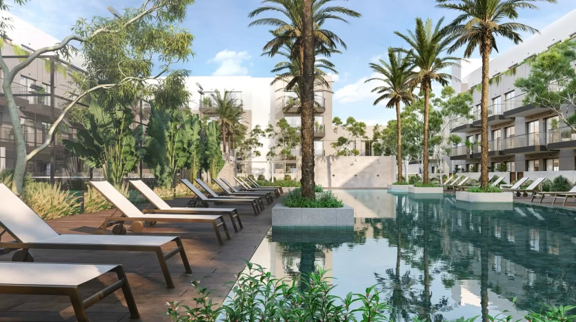 Piscine luxueuse du complexe entourée de palmiers luxuriants et de bâtiments modernes à Dubaï, avec des chaises longues et des plantes vertes se reflétant dans l'eau calme.