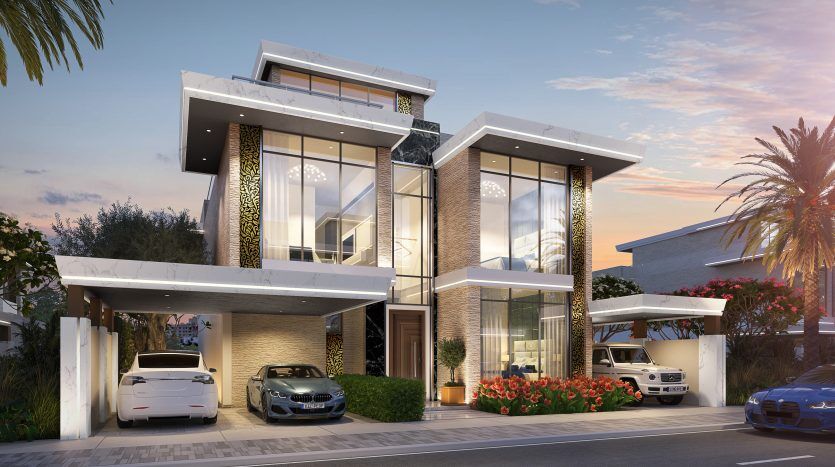 Villa de luxe moderne de deux étages à Dubaï avec de grandes fenêtres, un intérieur éclairé et une allée avec trois voitures garées, entourée de palmiers et d'aménagements paysagers, au crépuscule.