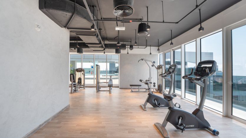 Intérieur de salle de sport moderne avec divers équipements de fitness, notamment des tapis roulants et des appareils de musculation, dans une pièce d'une luxueuse villa à Dubaï, dotée de grandes fenêtres et d'une atmosphère lumineuse et aérée.