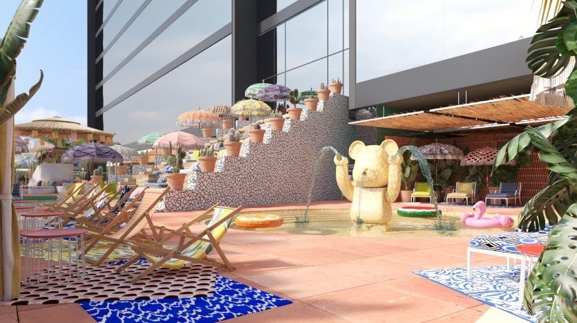 Une scène vibrante sur le toit-terrasse d'un appartement à Dubaï avec des transats, des plantes, une piscine avec des flotteurs et des sculptures en pierre originales sous un ciel clair, reflétant une atmosphère tranquille et fantaisiste.