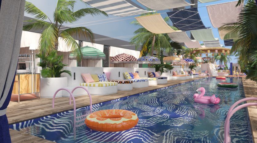 Un coin salon animé et animé au bord de la piscine dans une luxueuse villa de Dubaï, comprenant des transats élégants, des palmiers tropicaux, des stores en tissu et des jouets gonflables ludiques dans une piscine d'un bleu étincelant.
