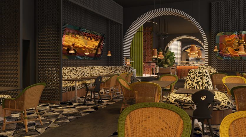 Un restaurant élégant avec un intérieur vibrant et éclectique comprenant des chaises à imprimé animalier, des tables en bois et un éclairage unique. Les arcades mènent à des coins salons colorés ornés d'art moderne au cœur de la scène immobilière de Dubaï