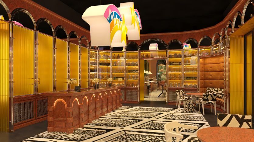Un intérieur sophistiqué d'un café moderne à Dubaï avec des étagères jaune vif, d'élégantes arches en bois, un sol en mosaïque et un mobilier élégant sous un éclairage ambiant chaleureux.