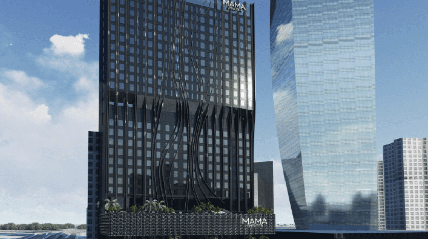 Un rendu numérique de gratte-ciel modernes avec une façade sombre prononcée, présentant des structures en forme de colonnes qui croisent le bâtiment, sous un ciel bleu éclatant, idéal pour les opportunités d'investissement à Dubaï.
