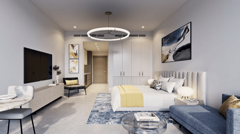 Conception de chambre minimaliste moderne dans une villa de Dubaï comprenant un lit moelleux, un coin salon élégant, des armoires encastrées et des accents de décoration sophistiqués, sous un plafonnier circulaire unique.