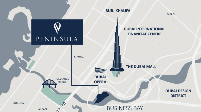 Carte illustrant les principaux monuments et biens immobiliers de Dubaï, notamment Burj Khalifa, l'Opéra de Dubaï, la Villa Dubaï et le centre commercial de Dubaï, avec des icônes stylisées et des étiquettes de localisation sur un fond gris.