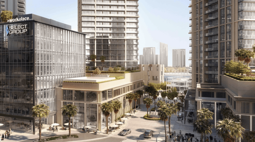 Zone urbaine moderne comprenant des immeubles de grande hauteur, un immeuble de bureaux à la façade de verre avec le panneau d'affichage « workplace_ », des rues bordées de palmiers, des piétons et des voitures, illustrant la vie urbaine trépidante de Dubaï.
