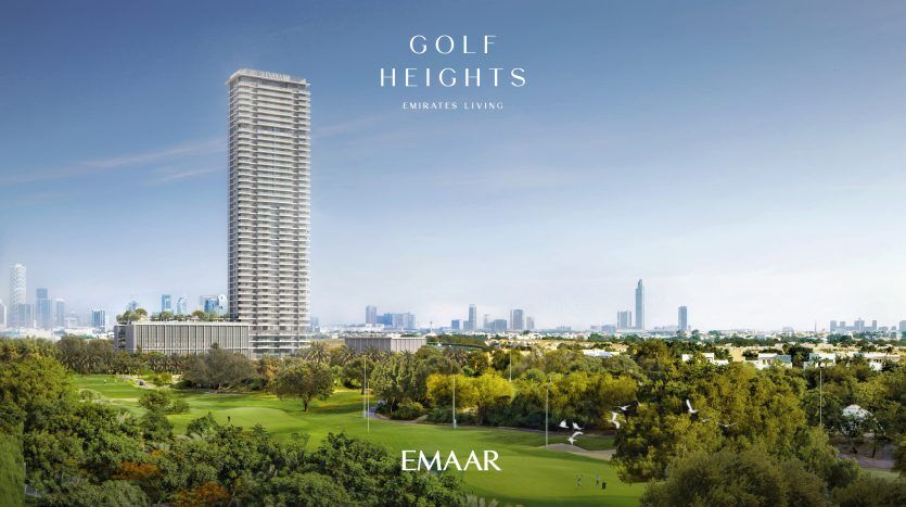 Rendu architectural des « hauteurs de golf » dans Emirates Living, avec un grand gratte-ciel surplombant un parcours de golf luxuriant avec les toits de la ville de Dubaï en arrière-plan.