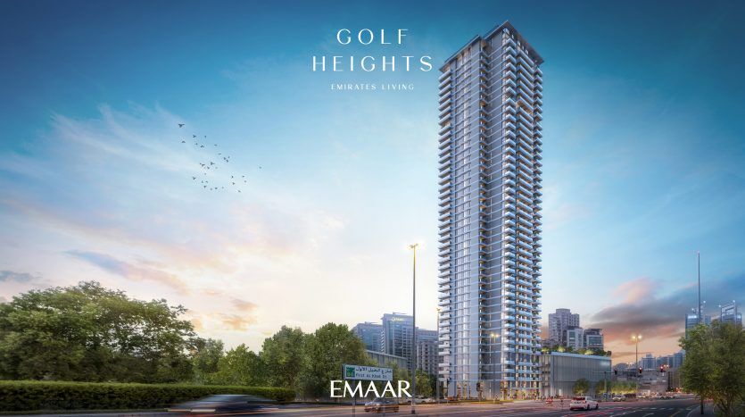 Illustration du gratte-ciel résidentiel « golf heights » d'emaar au crépuscule, présentant une grande hauteur au milieu d'un paysage urbain, avec un ciel vibrant et une circulation floue au premier plan à Dubaï.