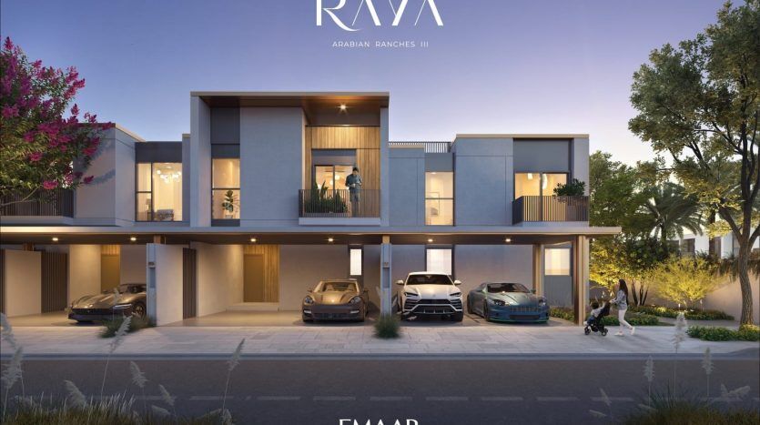 Un rendu numérique de « Raya at Arabian Ranches III » à Dubaï montrant des maisons contemporaines à deux étages avec des toits plats, de grandes fenêtres et des garages intégrés. La scène se déroule au crépuscule avec