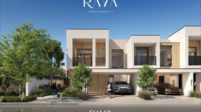 Rendu architectural de maisons de ville modernes à Raya Arabian Ranches III par Emaar, avec des façades élégantes avec des éléments en bois, des voitures garées et des personnes à l'extérieur. Cette villa Dubaï présente des caractéristiques exceptionnelles