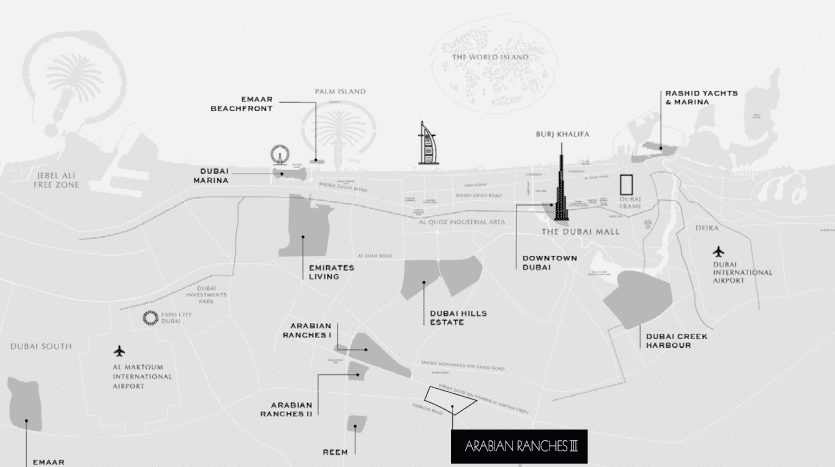 Une carte stylisée de Dubaï mettant en évidence les principaux lieux d'investissement et monuments tels que Burj Khalifa, Dubai Mall et Palm Island avec des icônes simplifiées et des lignes de connexion.