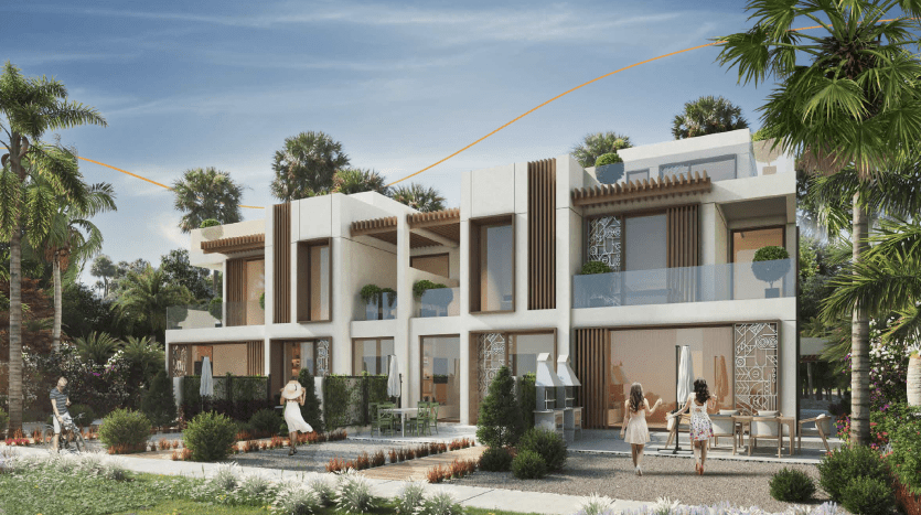 Maisons de ville modernes avec jardins paysagers, abritant des personnes pratiquant des activités de plein air sous un ciel ensoleillé. L'architecture comprend des balcons et de grandes fenêtres, parfaites pour ceux qui recherchent une villa à Dubaï.