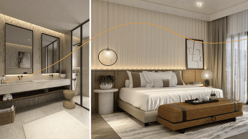 Chambre d'hôtel luxueuse et moderne à Dubaï comprenant un lit king-size moelleux, une salle de bains élégante avec un grand miroir et une décoration subtile et élégante. La lumière naturelle remplit l'espace grâce à de grandes fenêtres.