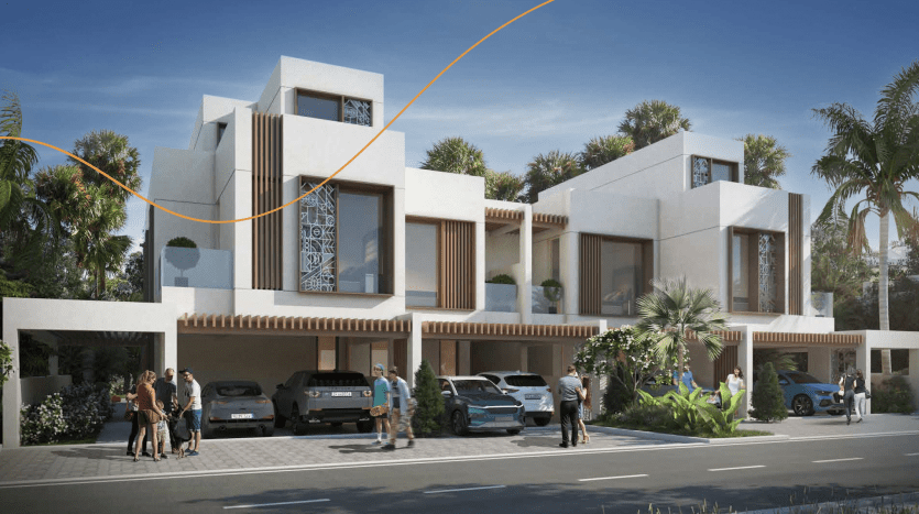 Immeuble résidentiel moderne à Dubaï au design élégant et contemporain avec des façades blanches et beiges, de grandes fenêtres et des garages privés. Les gens interagissent avec désinvolture devant les maisons.