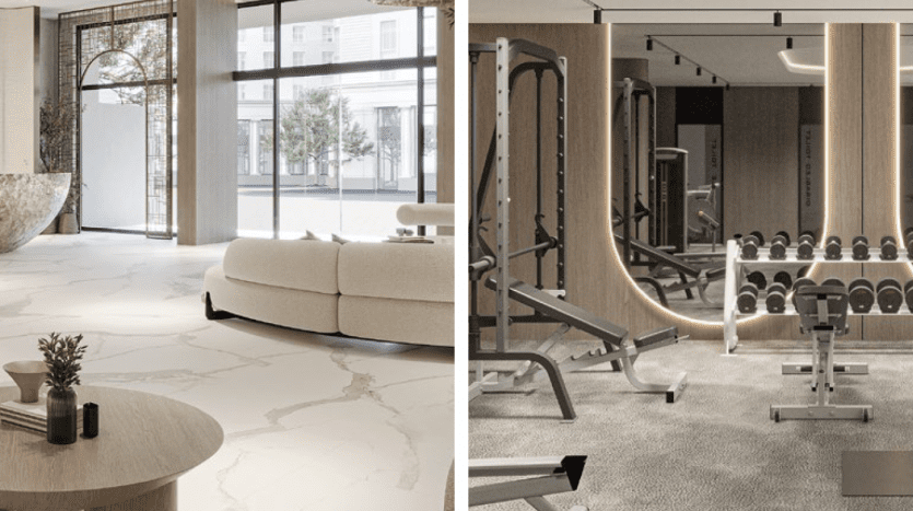 Deux images d'intérieurs modernes dans une villa de Dubaï : la première montre un hall luxueux avec un mobilier élégant et une grande sculpture ovale ; la deuxième représente une salle de sport bien équipée avec des poids et des appareils d'exercice.