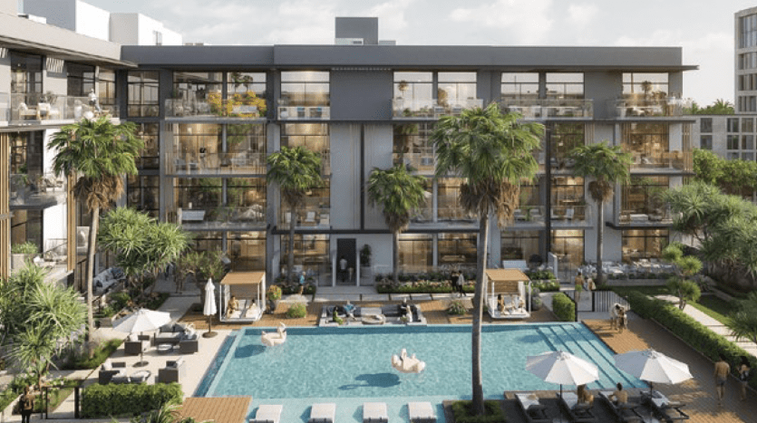 Villa résidentielle moderne à Dubaï avec une piscine centrale entourée de palmiers. Les résidents profitent de la piscine et du coin salon sous un ciel ensoleillé.