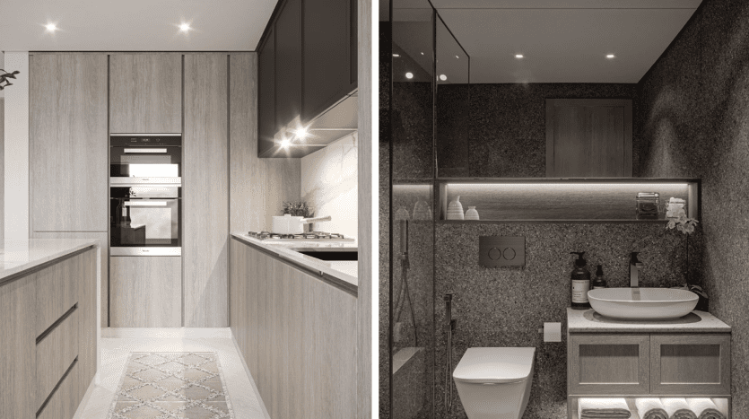 Image divisée montrant une cuisine moderne avec des armoires en bois élégantes à gauche dans un appartement à Dubaï, et une salle de bains contemporaine avec des murs texturés gris et une vanité en bois à droite.