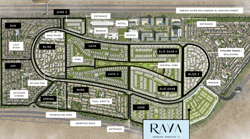 Vue aérienne d'un développement résidentiel à Dubaï comprenant divers équipements tels que des parcs, une école, des mosquées et des installations sportives, disposés selon une disposition ressemblant à des boucles interconnectées avec des sections étiquetées.