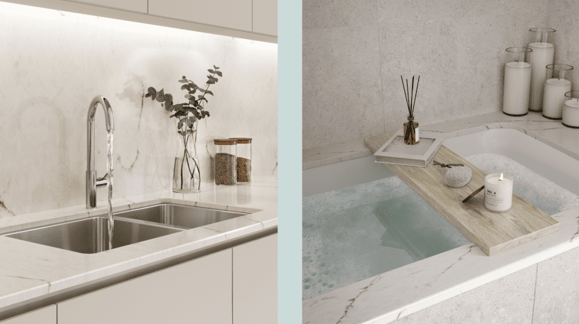 Une image divisée comparant deux comptoirs de salle de bains dans un appartement moderne de Dubaï : à gauche, un comptoir élégant avec un lavabo et une plante ; à droite, un comptoir avec évier intégré, re