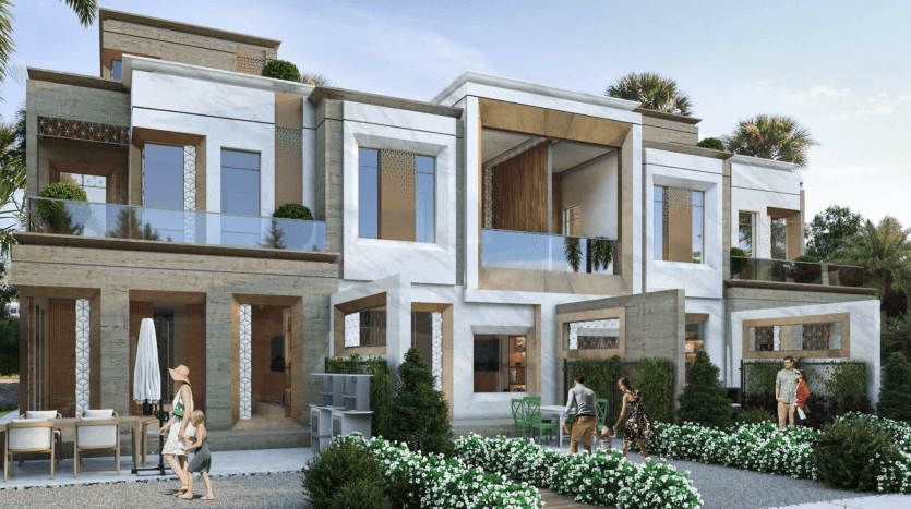 Villas duplex modernes à Dubaï avec des détails architecturaux distincts entourées de jardins luxuriants. Les résidents profitent d’activités de loisirs, notamment marcher et s’asseoir à l’extérieur.