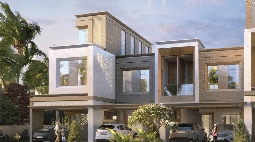Villa moderne de deux étages à Dubaï avec un toit plat, avec une façade en béton et en pierre, de grandes fenêtres et des voitures garées devant. Deux personnes à l'extérieur se livrant à des activités.