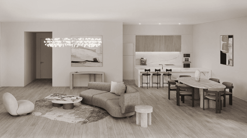Salon moderne et minimaliste dans un appartement de Dubaï avec une palette de couleurs neutres comprenant un canapé sectionnel, un ensemble de salle à manger en bois et une cuisine ouverte. Les luminaires et peintures artistiques ajoutent des touches décoratives.