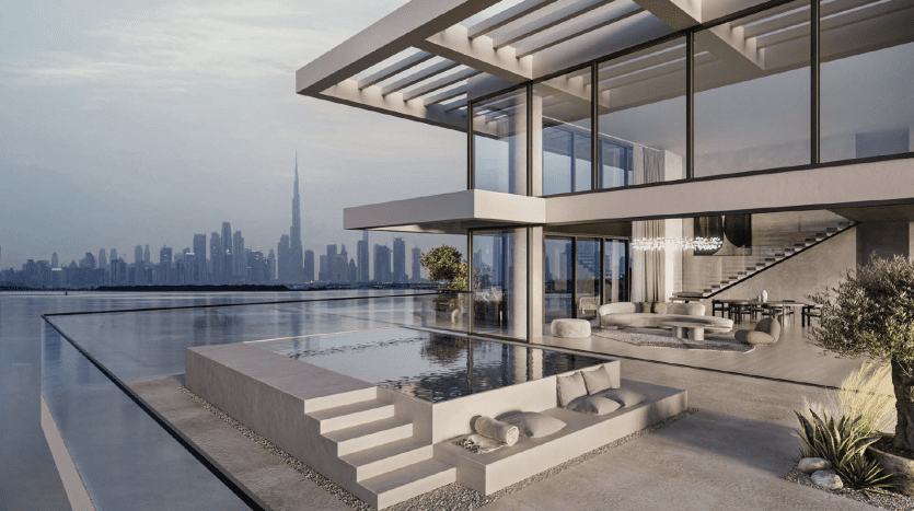 Maison de luxe moderne avec de vastes murs de verre donnant sur une piscine à débordement, avec un horizon serein de Dubaï en arrière-plan au crépuscule.