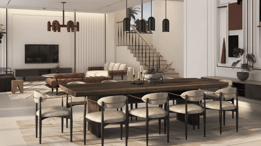 Un salon élégant et moderne dans une villa à Dubaï avec une grande table à manger entourée de chaises, un ensemble de canapés moelleux, une décoration élégante et des plantes d'intérieur, mises en valeur par un éclairage naturel doux.