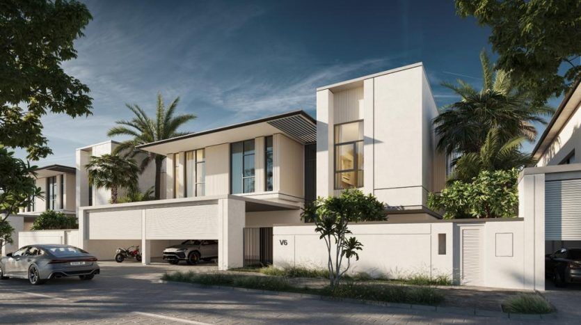 Rue résidentielle moderne de Dubaï, composée de maisons au design minimaliste avec des toits plats, de grandes fenêtres et des garages intégrés, agrémentés de palmiers tropicaux sous un ciel dégagé.