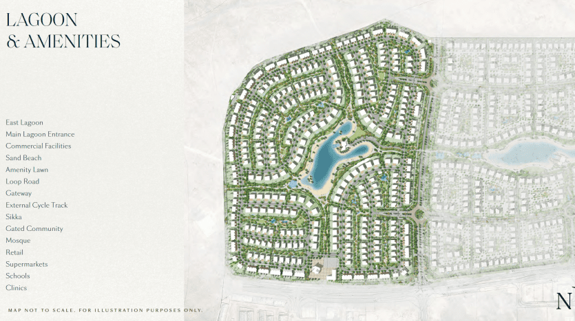 Carte d'un développement résidentiel à Dubaï comprenant un lagon, avec des équipements labellisés comprenant un lagon est, une entrée de plage, une zone commerciale, une piste cyclable et diverses installations. Pas à l'échelle, à titre indicatif