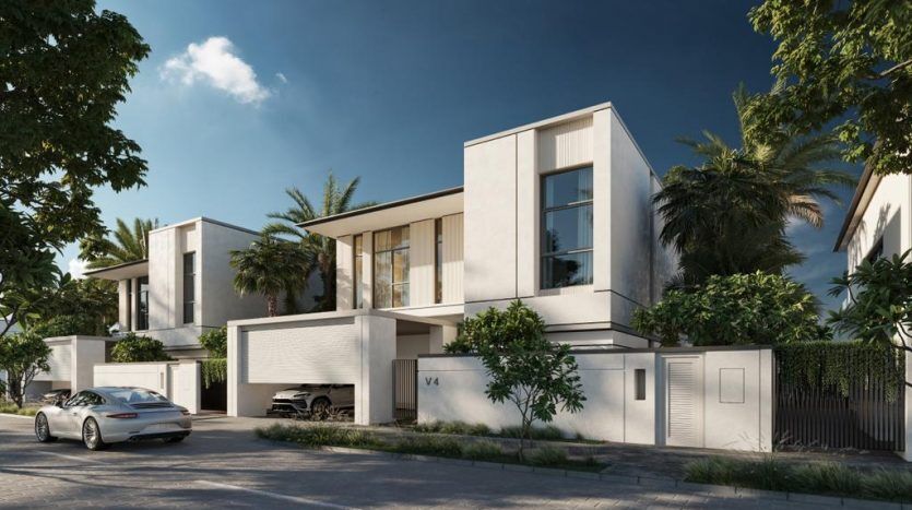 Maisons modernes de luxe dans un quartier serein avec des lignes épurées, de grandes fenêtres et une rue bien entretenue bordée de palmiers. Une voiture élégante est garée devant une maison. Idéal pour investissement